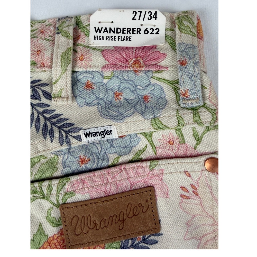 Wrangler Floral Flare Jeans Womens 27 Cream Botanical Print 70s Boho Bell Bottom - Picture 11 of 16